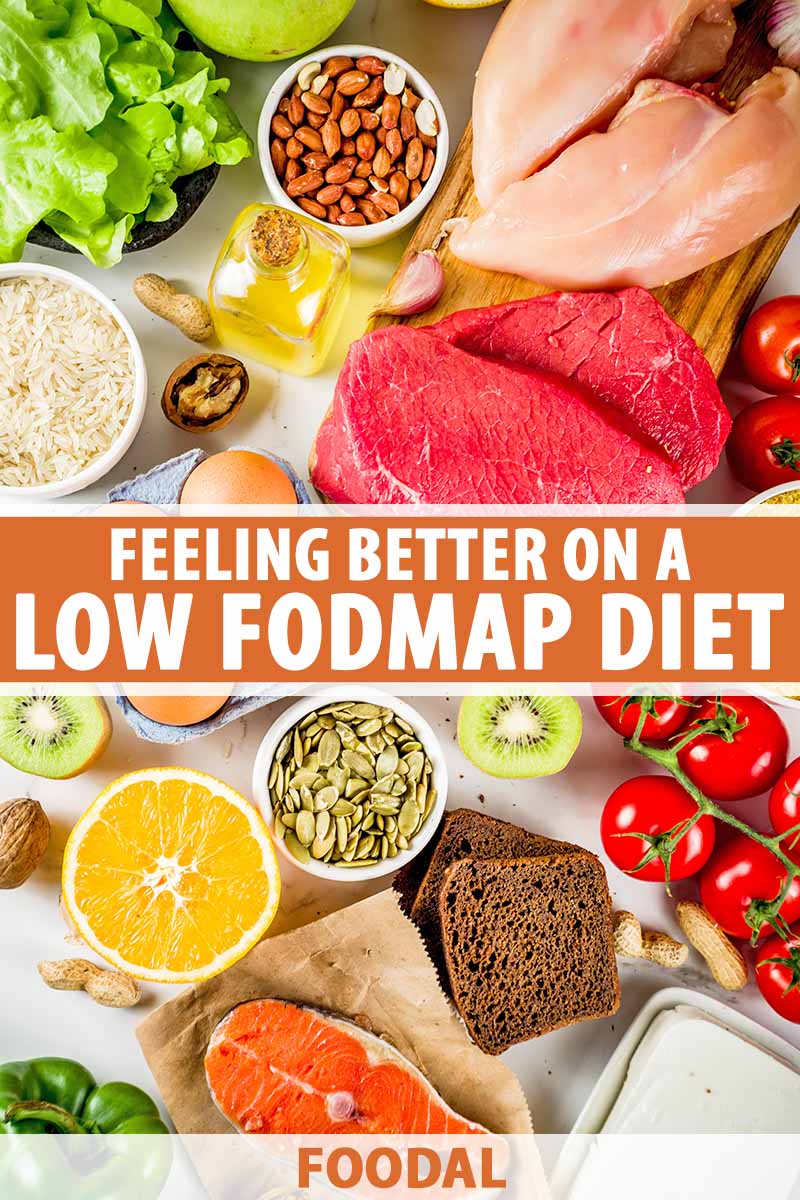 Vertical image of a display of different fresh and healthy food items on a white surface, with text in the middle and on the bottom of the image.